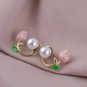 Pink Tulip Flower Faux White Pearl Stud Goldtone Whimsical Earrings